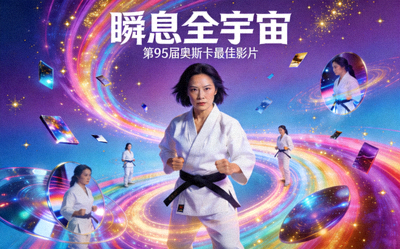 奥斯卡获奖电影《瞬息全宇宙》艺术海报，杨紫琼饰演的主角身处多元宇宙光怪陆离的场景中